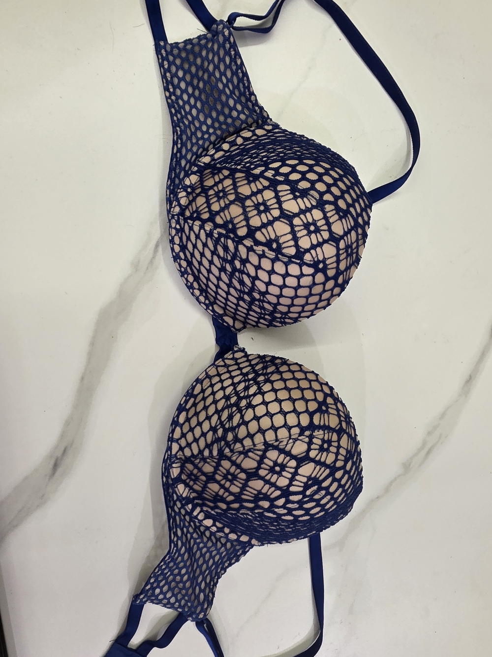 Victoria's Secret Navy Crochet Overlay Bra with Nude Lining
